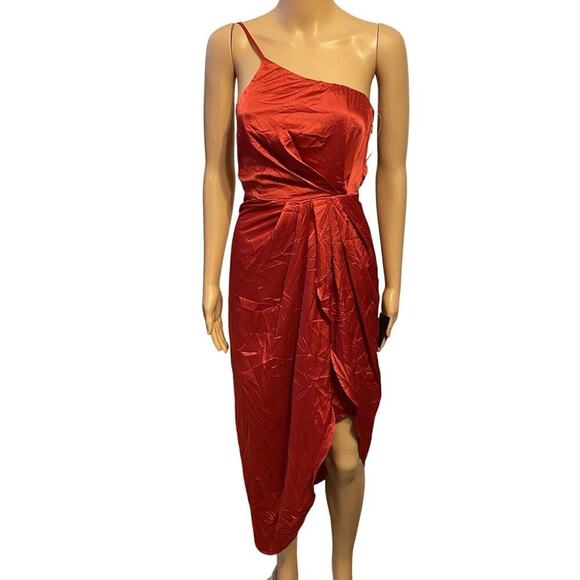 Lulus Dresses & Skirts - New Lulu’s Law Of Attraction Red Satin One Shoulder Asymmetrical Midi Dres Sz XS